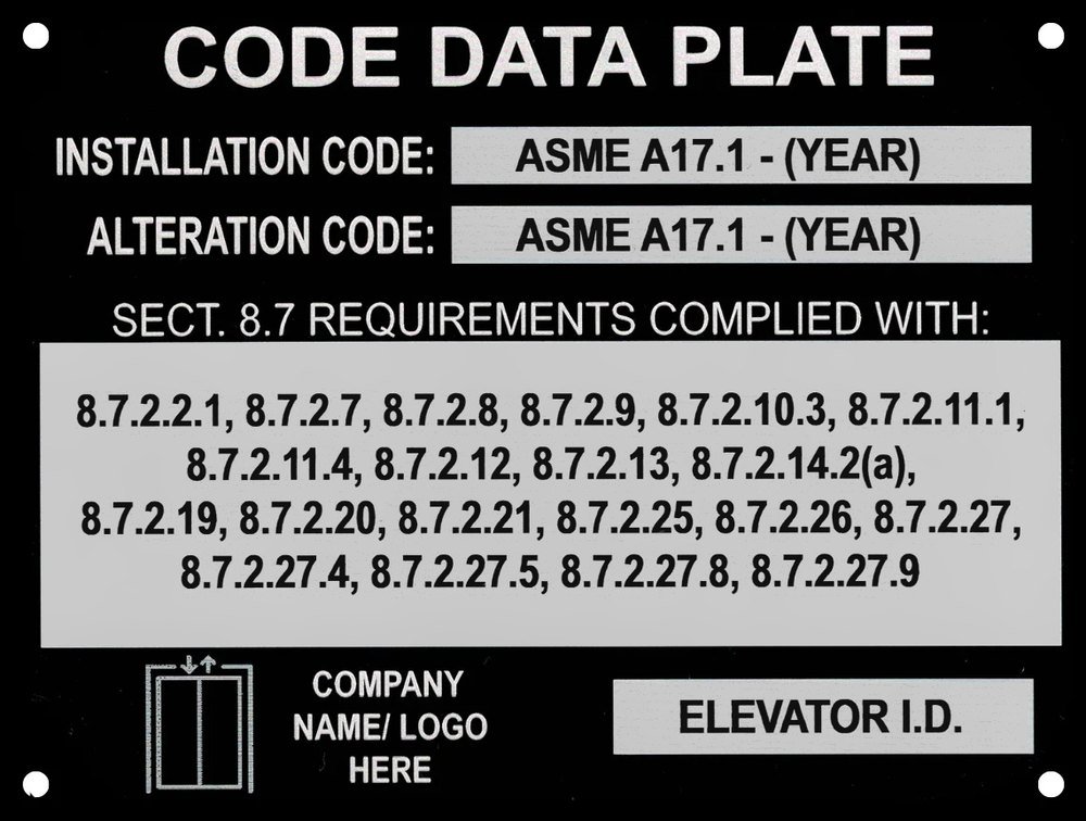Laser-etched black anodized aluminum alteration code data plate for an electric elevator showing installation code, alteration code and a list of ASME A17.1 Section 8.7 requirements complied with